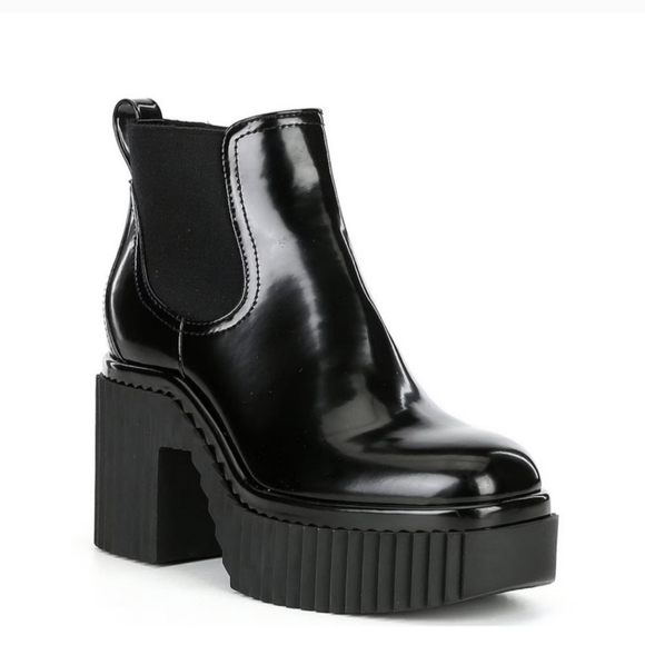 Gianni Bini Black Patent Lug Sole Chunky High Heel Pull On Boots Ryker 9 9 1/2 - Picture 1 of 6